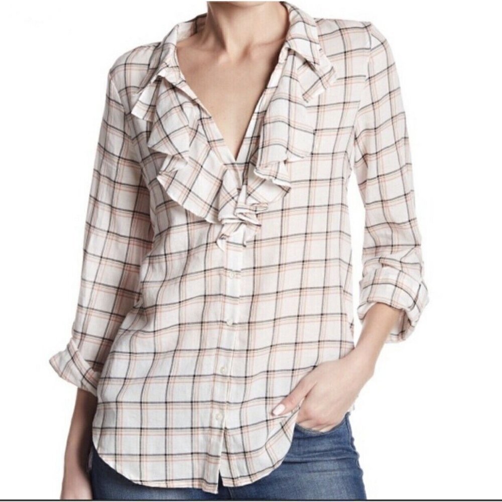 Joie Plaid Cotton Ruffle Front Button Down Long Sleeve Shirt Women’s XS Read